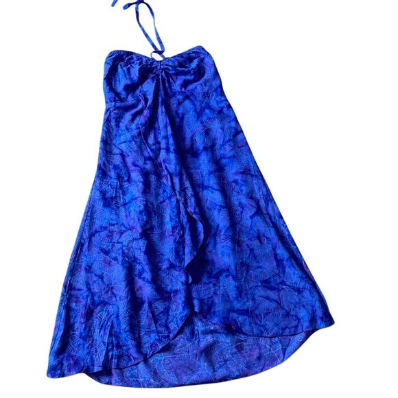 Hula Hula Hawaii Halter Dress One Size Blue & Purple Batik Floral #340D - Picture 2 of 8